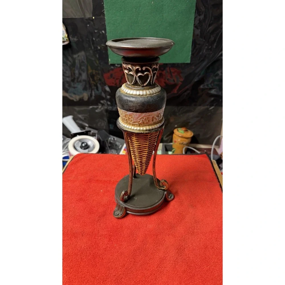 Vintage Decorative Candle Holder Pedestal Resin Metal Look 12.5